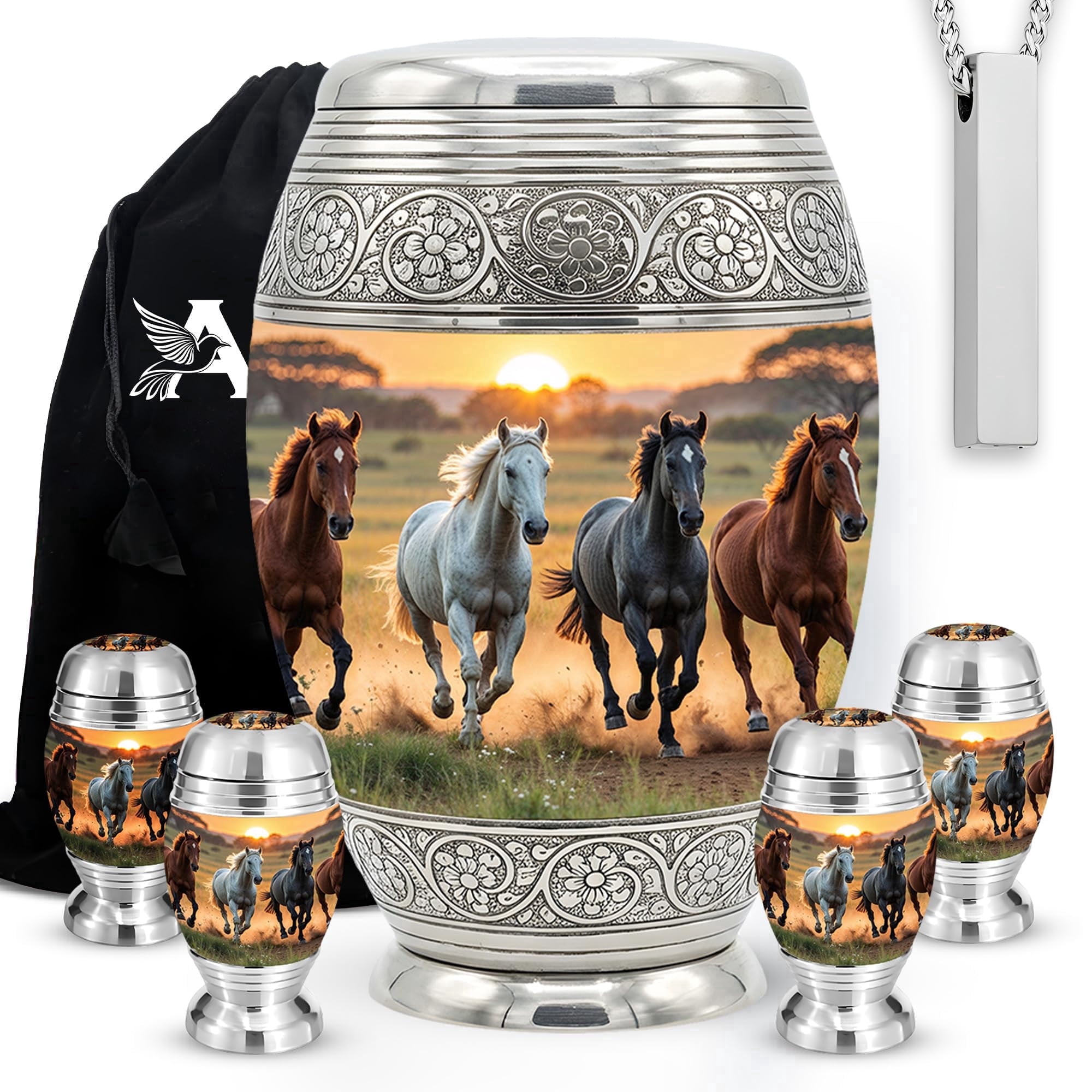 Set of 6 Cremation Urns for Human Ashes Includes 1 Large Urn with 4 Small Keepsakes & 1 Silver Necklace - Horse