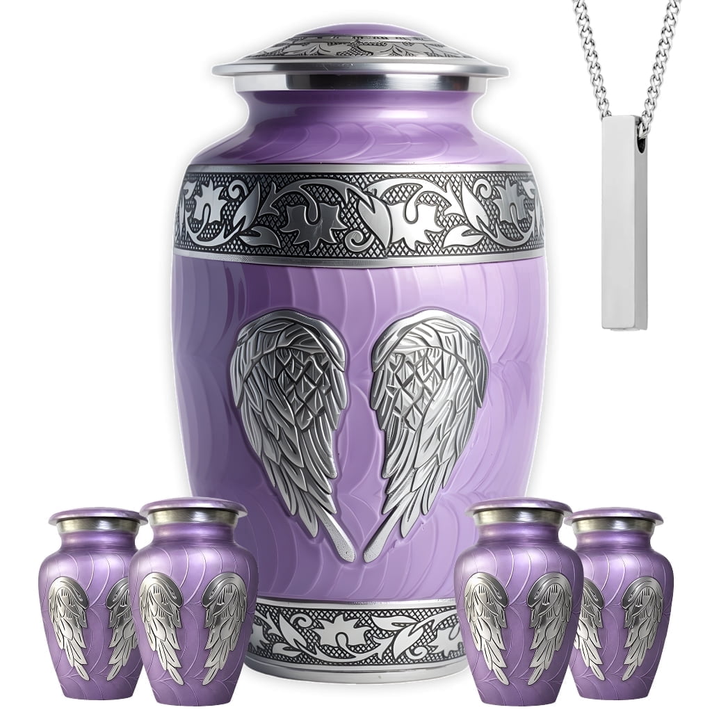 Set of 6 Cremation Urns for Human Ashes Includes 1 Large Urn with 4 Small Keepsakes & 1 Silver Necklace - Purple Angel Wings