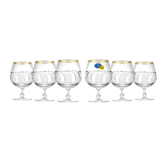 Set of 6 Crystal Cut Glassware Set - Brandy Gold Rim Glass 400ml, 13oz