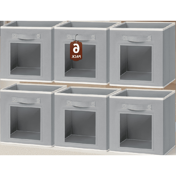Set of 6 Cube Storage Bins with Window, 11 Inch Fabric Closet Organizer Baskets with Handle, Grey