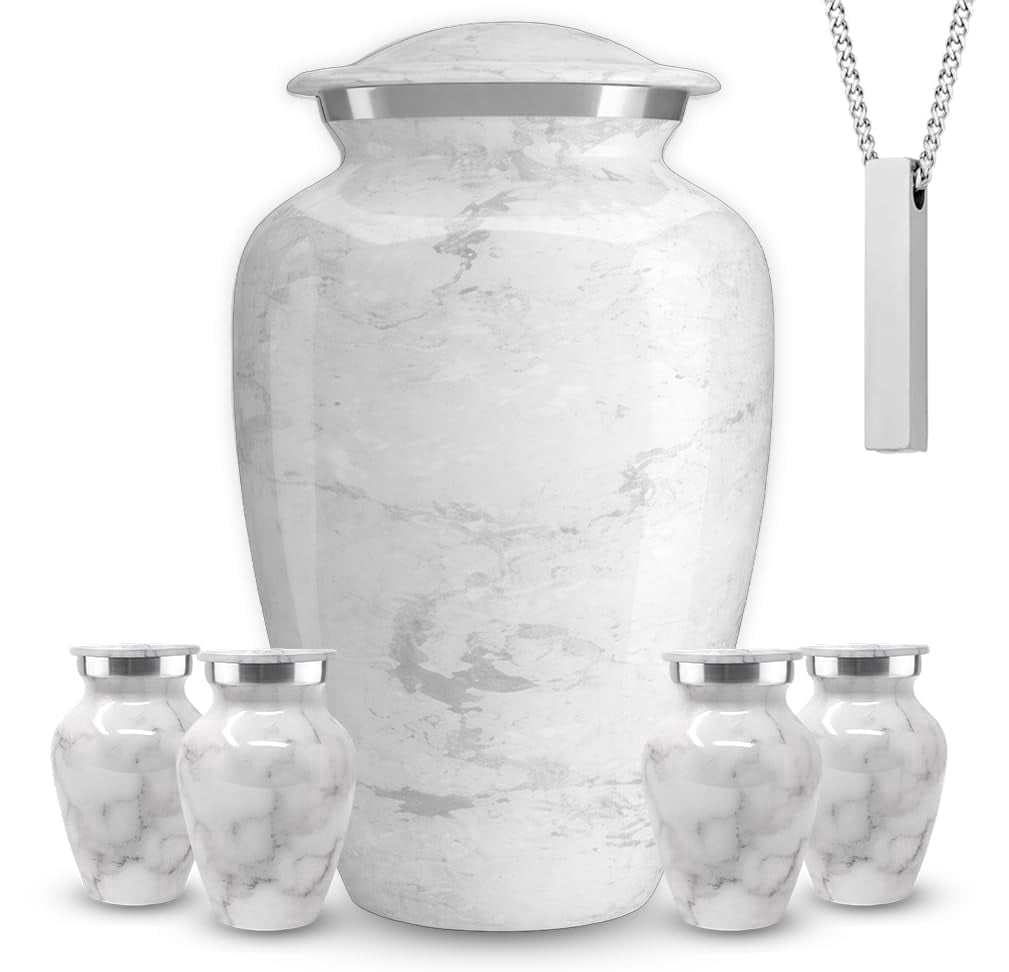 Set of 6 Custom Engraved Cremation Urns for Human Ashes Includes 1 Large Urn with 4 Small Keepsakes & 1 Silver Necklace - White Marble