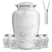 Set of 6 Custom Engraved Cremation Urns for Human Ashes Includes 1 Large Urn with 4 Small Keepsakes & 1 Silver Necklace - White Marble
