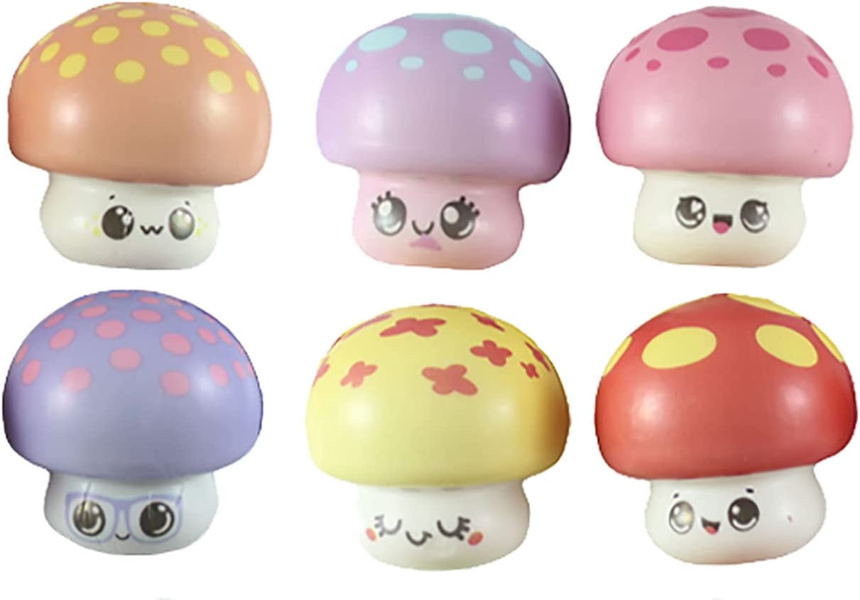 Set of 6 Cute Mushroom Micro Slow Rise Squishy Toys - Memory Foam Party Favors, Prizes, OT (Random Colors)