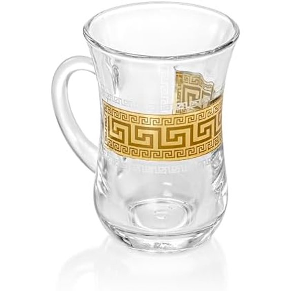 Set of 6 Decorated Clear Glass 5 Fl Oz Turkish Tea Cups with Golden Greek Key Pattern and Handle