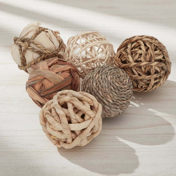 Set of 6 Decorative Balls for Centerpiece Bowl Fillers, Assorted Rattan Wicker Balls Spheres Orbs, Vase Fillers, Home Table Decor