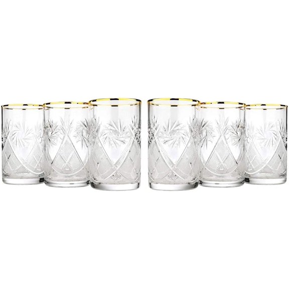 Set of 6 Decorative Design Crystal Tea Glassware with Gold Rim - 8 oz, 250 ml