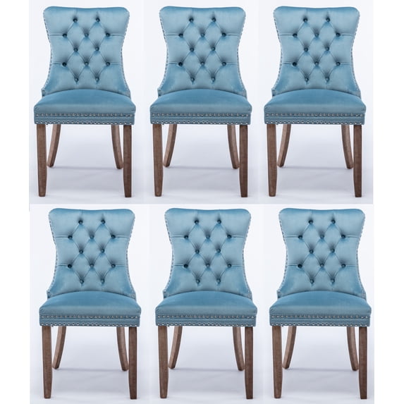 Set of 6 Dining Chairs Leisure Padded Chair, Tufted Solid Wood Velvet Upholstered Dining Chair with Nailhead Trim& Ring Pull for Kitchen, Living Room