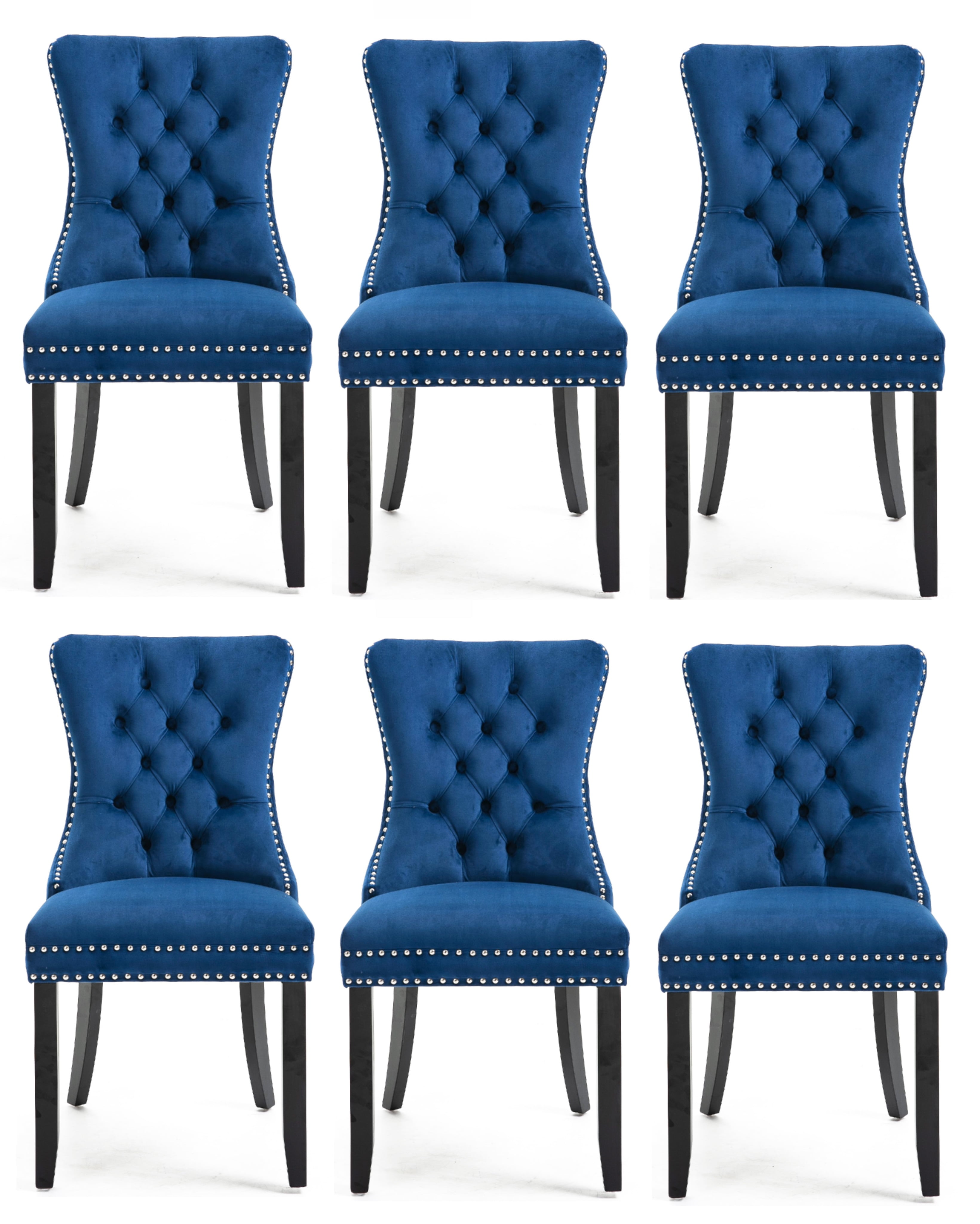 Blue Velvet Upholstered Side Chairs with Wood Legs, Set of 6