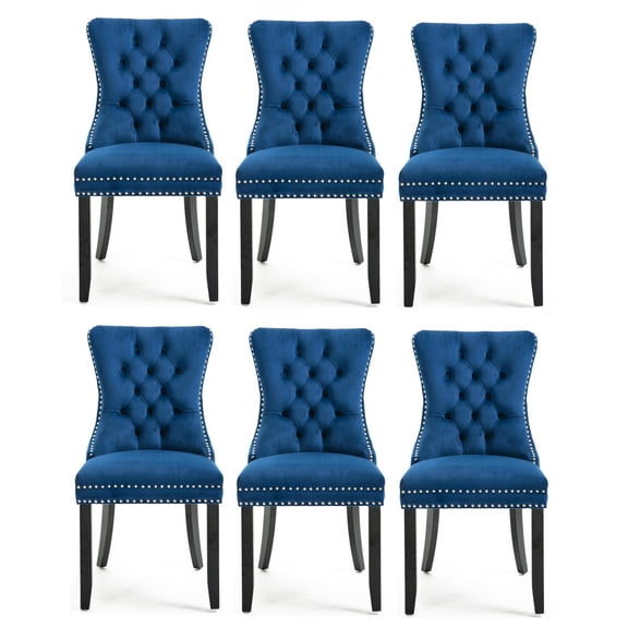 Set of 6 Dining Chairs Leisure Padded Chair, Tufted Solid Wood Velvet Upholstered Dining Chair with Nailhead Trim& Ring Pull for Kitchen, Living Room