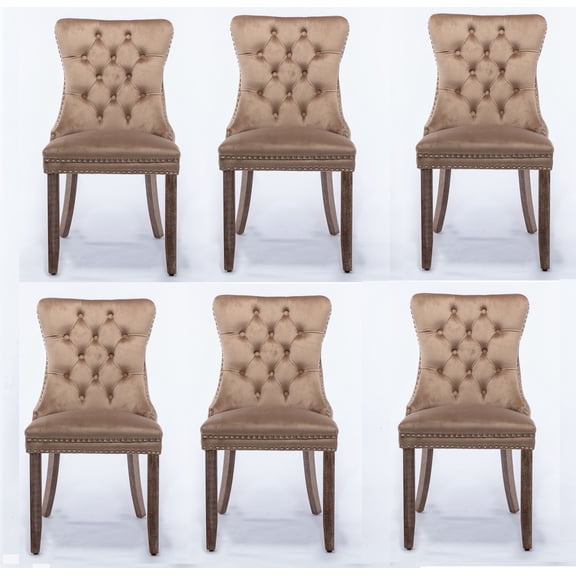 Set of 6 Dining Chairs Leisure Padded Chair, Tufted Solid Wood Velvet Upholstered Dining Chair with Nailhead Trim& Ring Pull for Kitchen, Living Room