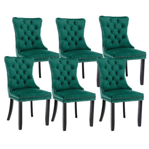 Set of 6 Dining Chairs Leisure Padded Chair, Tufted Solid Wood Velvet Upholstered Dining Chair with Nailhead Trim& Ring Pull for Kitchen, Living Room