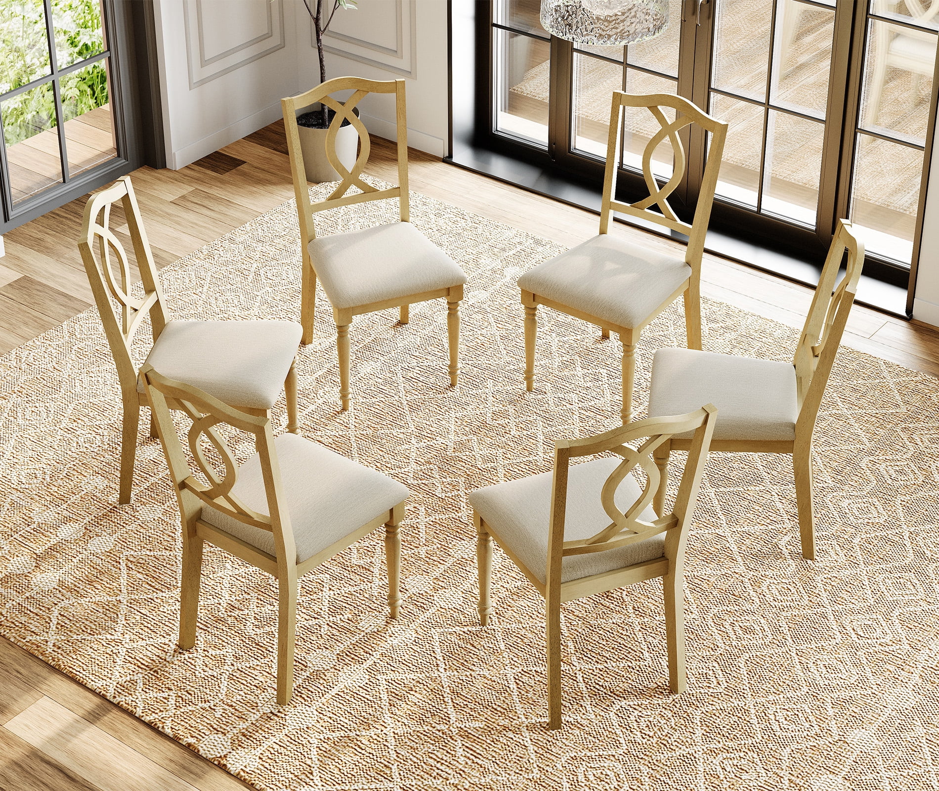 Set of 6 Dining Chairs with Cross-Back & Upholstered Seat, Farmhouse Kitchen Chair with Solid Wood Legs for Dining Room, Oak