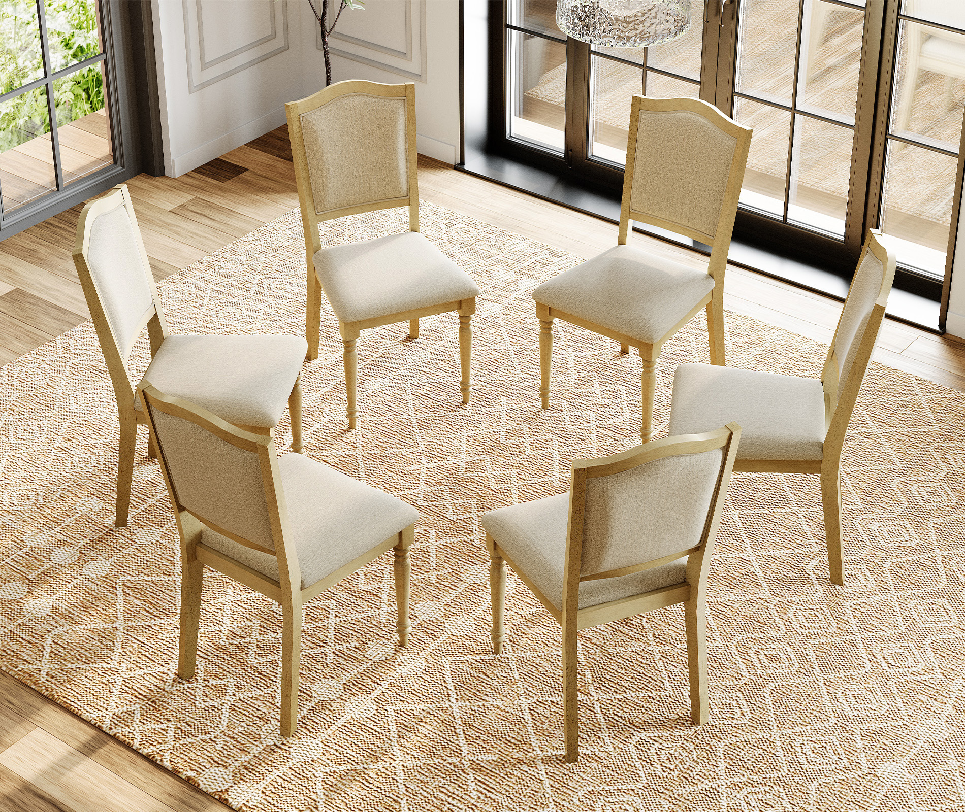 Set of 6 Dining Chairs with Upholstered Back & Seat, Farmhouse Kitchen Chair with Solid Wood Legs for Dining Room, Oak
