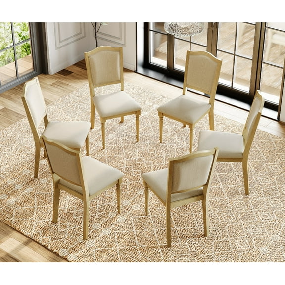 Set of 6 Dining Chairs with Upholstered Back & Seat, Farmhouse Kitchen Chair with Solid Wood Legs for Dining Room, Oak