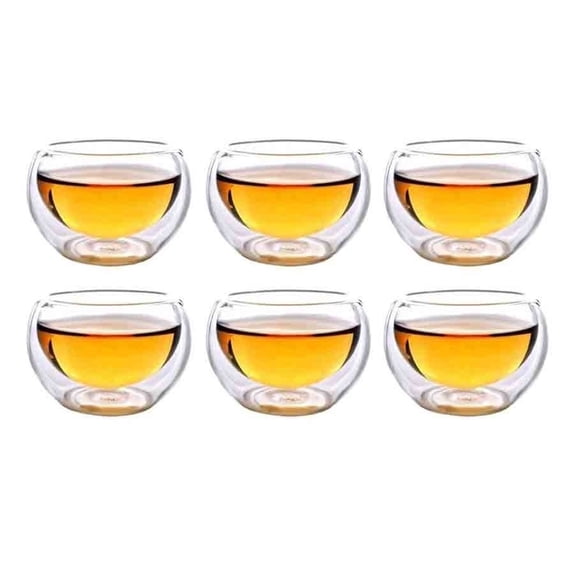Set of 6 Double Walled Glass Small Tea Cups, Hand Blown Clear Borosilicate Glass Tea Tasting Cup