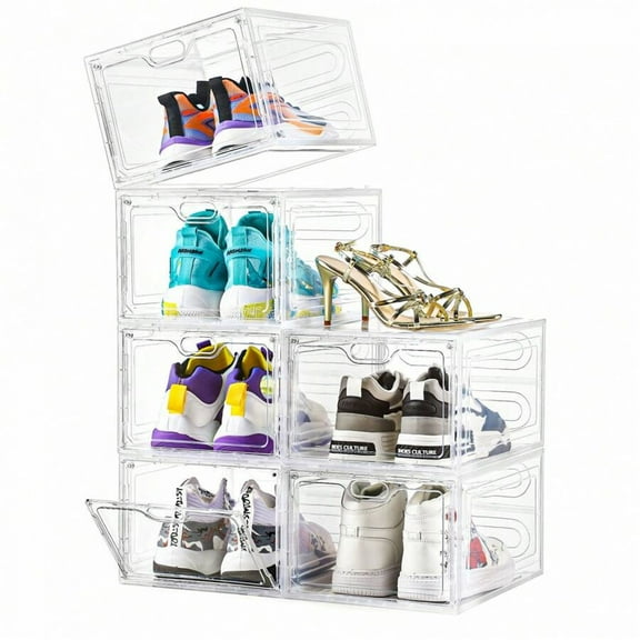 Set of 6 Drop Front Plastic Shoe Boxes, Stackable Shoe Storage Boxes with Clear Doors, Fit Up to US Size 12 for Sneaker Display