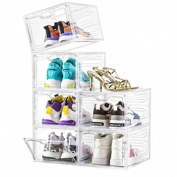 Set of 6 Drop Front Plastic Shoe Boxes with Clear Door - Stackable, Easy Assembly, Fits Up to US Size 12 for Sneaker Display