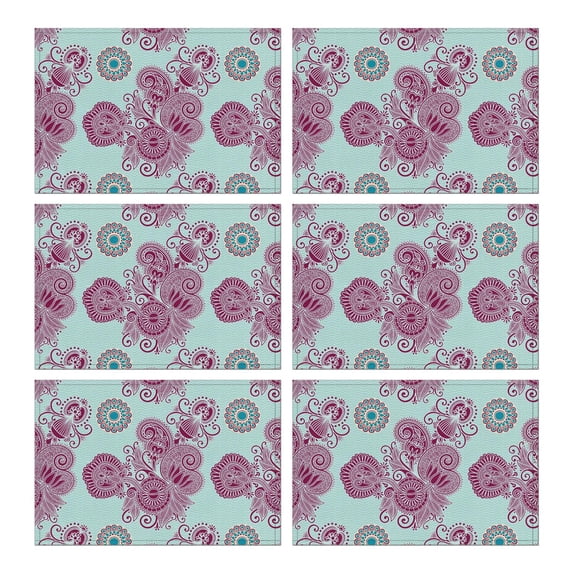 Set of 6 Durable Paisley Placemats, Flax Linen Heat Resistant Wrinkle Free with Colorful Vintage Boho Floral and Artistic Mandala Geometric Decor