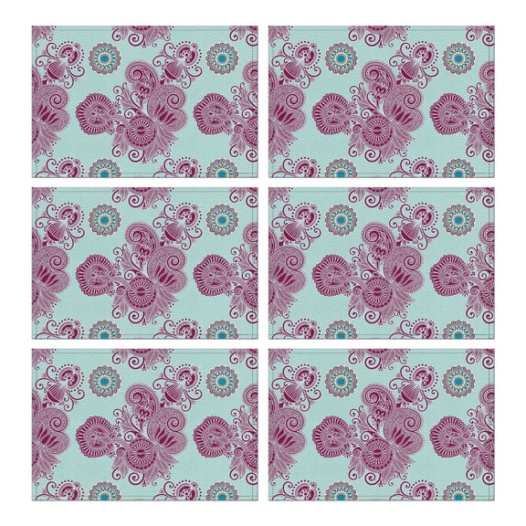 Set of 6 Durable Paisley Placemats, Flax Linen Heat Resistant Wrinkle Free with Colorful Vintage Boho Floral and Artistic Mandala Geometric Decor