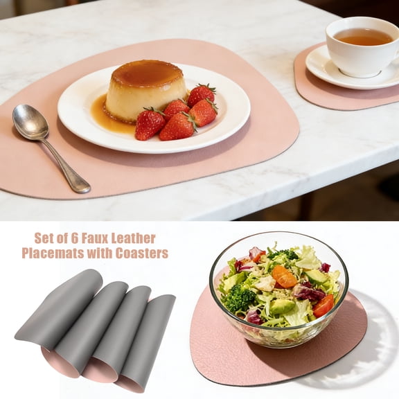 Set of 6 Faux Leather Placemats with Coasters, Heat-Resistant Non-Slip Waterproof Table Mats, Indoor Outdoor Dining Kitchen Patio Decor