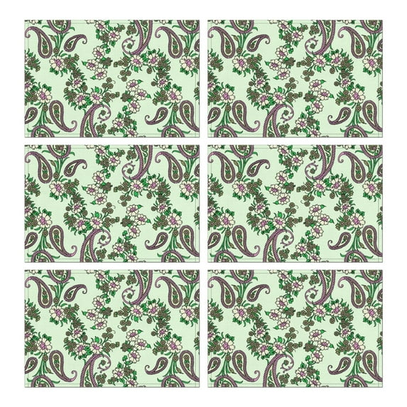 Set of 6 Flax Paisley Placemats Featuring Heat Resistant Wrinkle Free Finish with Colorful Boho Vintage Floral Artistic Mandala Designs