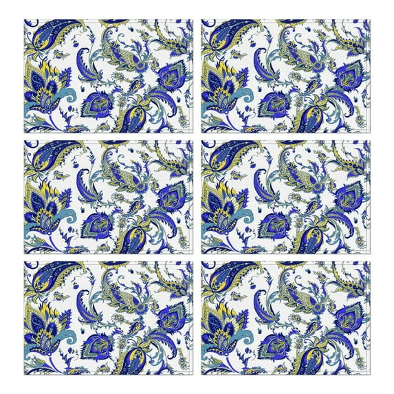 Set of 6 Flax Paisley Placemats with Heat Resistant Wrinkle Free Finish Featuring Colorful Boho Vintage Floral and Elegant Mandala Geometric Patterns