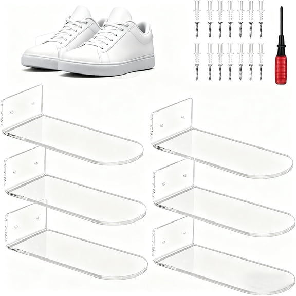 Set of 6 Floating Acrylic Shoe Racks for Wall Mount Storage with Clear Design to Showcase and Protect Footwear