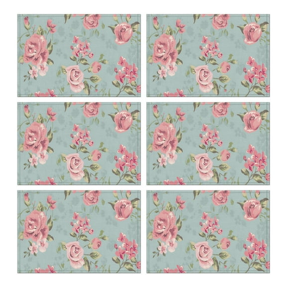 Set of 6 Floral Bloom Table Mats, Wrinkle Free Heat Resistant Flax Placemats with Butterfly, Bee, and Wildflower Pattern for Farmhouse Dining Decor