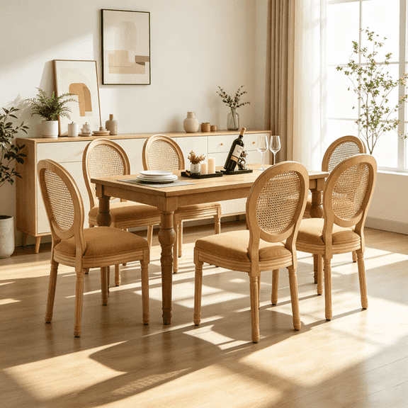 Set of 6 French Style Solid Wood Frame Antique Painting Linen Fabric Rattan Back Dining Chair (Tan)