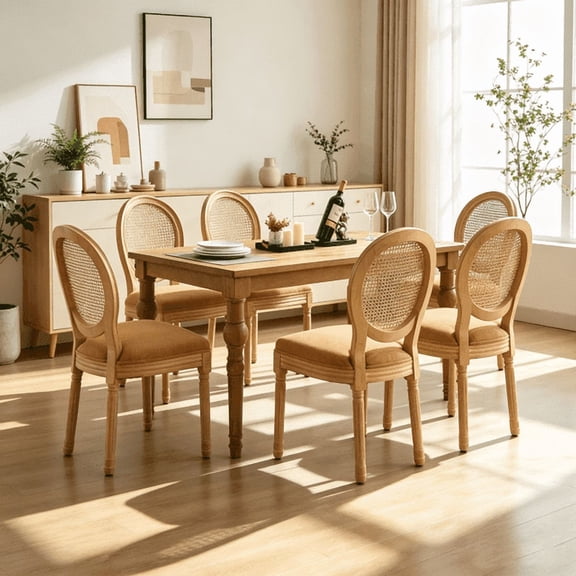 Set of 6 French Style Solid Wood Frame Antique Painting Linen Fabric Rattan Back Dining Chair (Tan)