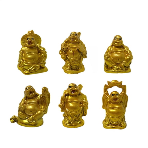 Set of 6 GOLDEN Feng Shui, Laughing Maitreya Buddha Figures & Statue Luck