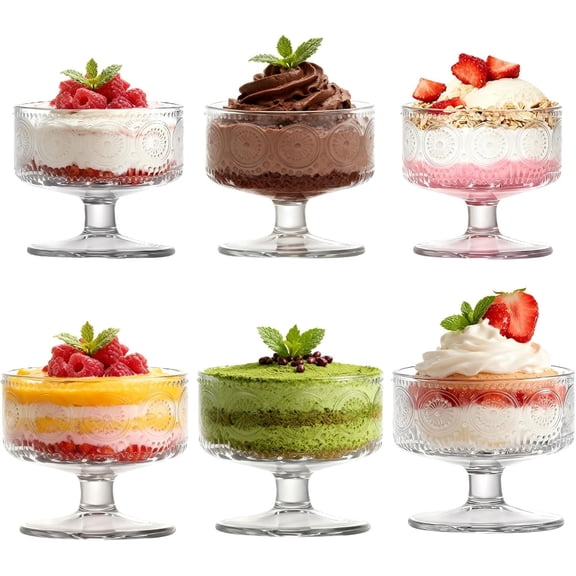 Set of 6 Glass Dessert Bowls, 6.1oz Elegant Sundae Glasses for Ice Cream, Fruit, Salad and Pudding