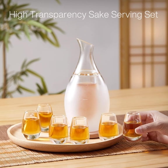 Set of 6 Glass Sake Cups and Carafe with Stone Coaster for Serving Chilled or Warmed Japanese Rice Wine