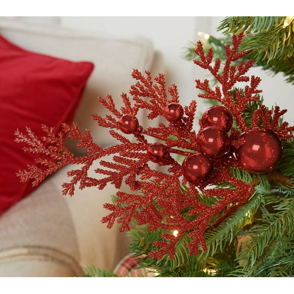 "Set of 6 Glittered Cedar and Ornament Picks by Valerie in Red "