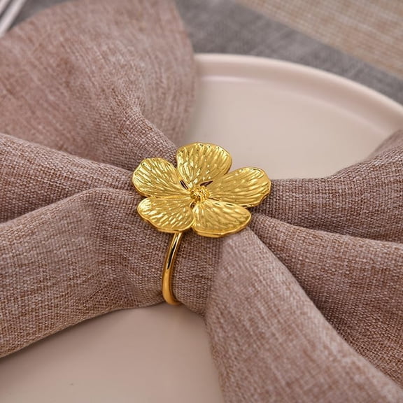 Set of 6 Gold Flower Metal Napkin Rings - Elegant Decor for Dinner Table, Wedding, Party, Banquet