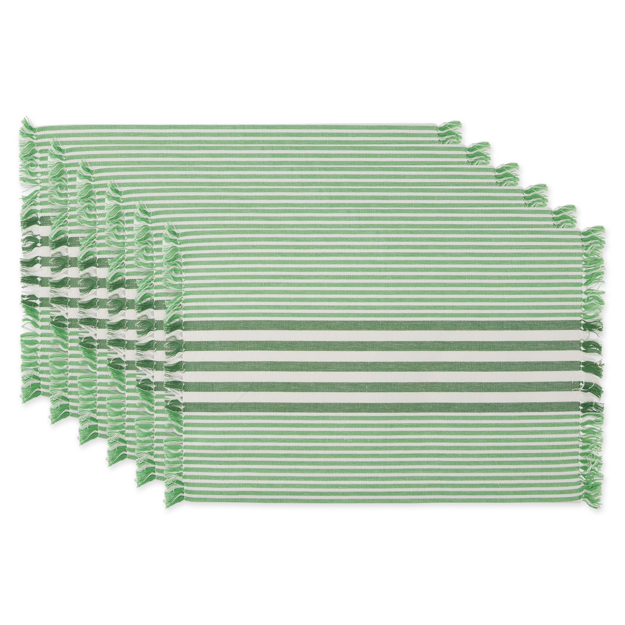 Contemporary Home Living Awning Striped Fringed Cotton Placemats - 19" - Forest Green and White -