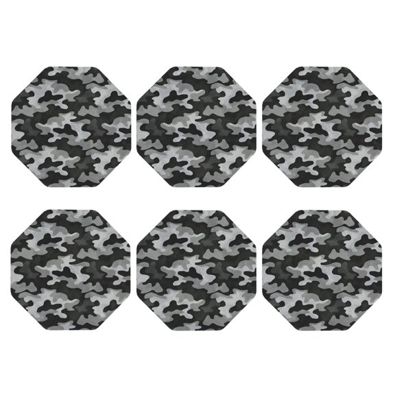 Set of 6 Grey Camouflage Print Drink Coasters for Coffee Table Leather Coaster for Decor Housewarming Octagon