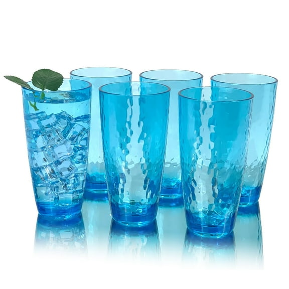 Set of 6 Hammered Style Drinking Cups 26-Ounce Large Acrylic Glasses Plastic Tumbler,BPA Free (Blue)