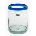 thumbnail image 1 of Set of 6 Hand-Blown Tumbler (10 oz) Glasses from Mexico with Cobalt Blue Rim - Rustic & Handcrafted Recycled Bubble Glass Drinking Glassware, 1 of 7