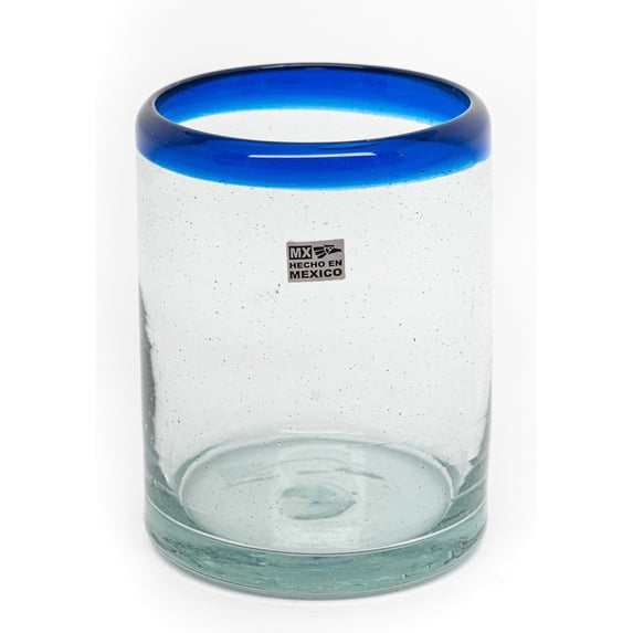 Set of 6 Hand-Blown Tumbler (10 oz) Glasses from Mexico with Cobalt Blue Rim - Rustic & Handcrafted Recycled Bubble Glass Drinking Glassware