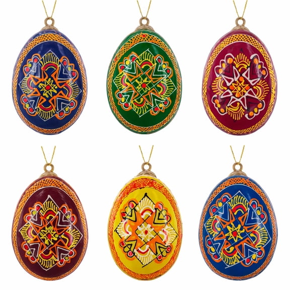 Set of 6 Ukrainian Wooden Easter Egg Ornaments 2.5 Inches