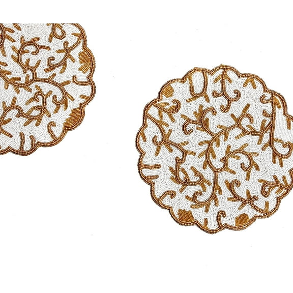 Set of 6 Handmade Beaded Placemat, White And Gold Tablemat, Designer Charger Plate 13X13 Inch