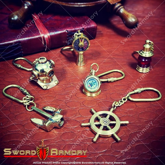 Set of 6 Handmade Brass Miniature Keychain Keyring Nautical Gift Souvenir Navigation Wheel Stockless Anchor Helmet