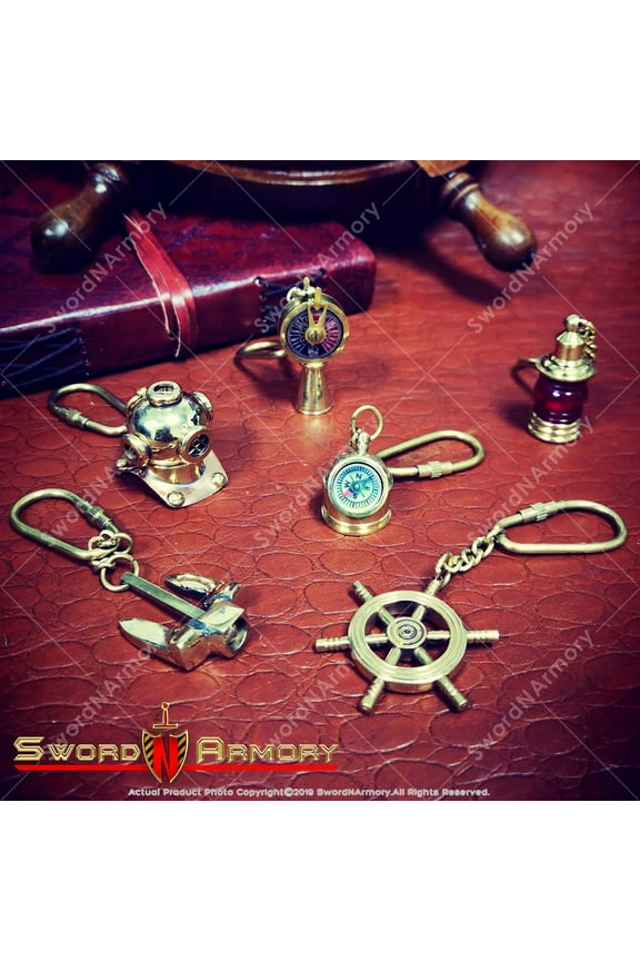 Set of 6 Handmade Brass Miniature Keychain Keyring Nautical Gift Souvenir Navigation Wheel Stockless Anchor Helmet