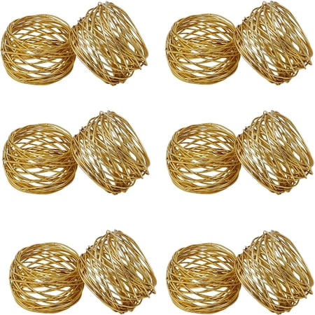Set of 6 Handmade Gold Round Mesh Napkin Ring Holders for Dining Table Party Décor.