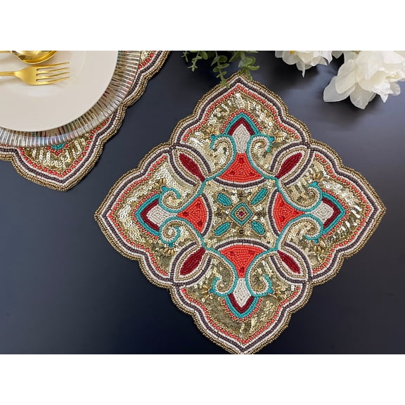 Set of 6, Handmade bead placemat, living room table decoration, bead and sequin tablemat