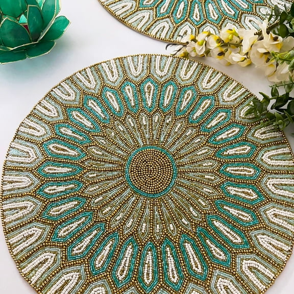 Set of 6, Handmade bead placemat, table decoration, beaded tablemat, teal, light green and gold