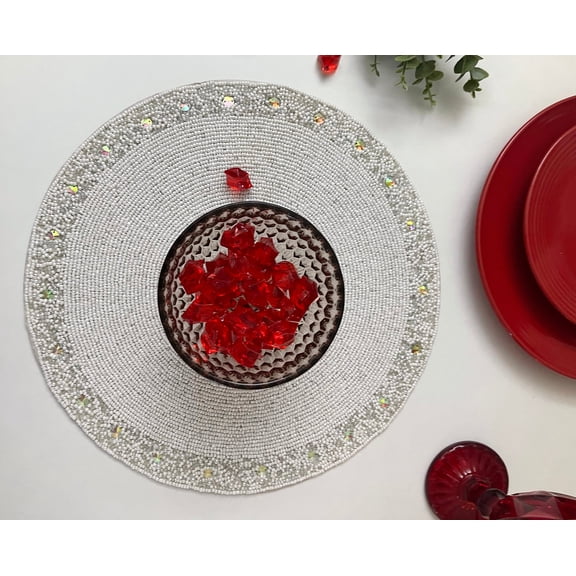 Set of 6, Handmade bead placemat, white charger plate for Christmas and New Year