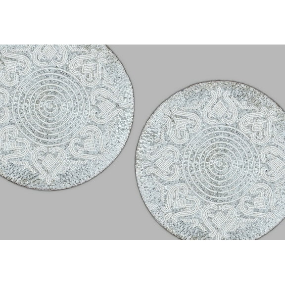 Set of 6 Handmade beaded Placemats, Silver And White Placemats, Designer Charger Plates 13X13 Inch