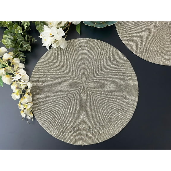 Set of 6, Handmade beaded placemat, beaded table mat, silver bead and sequin